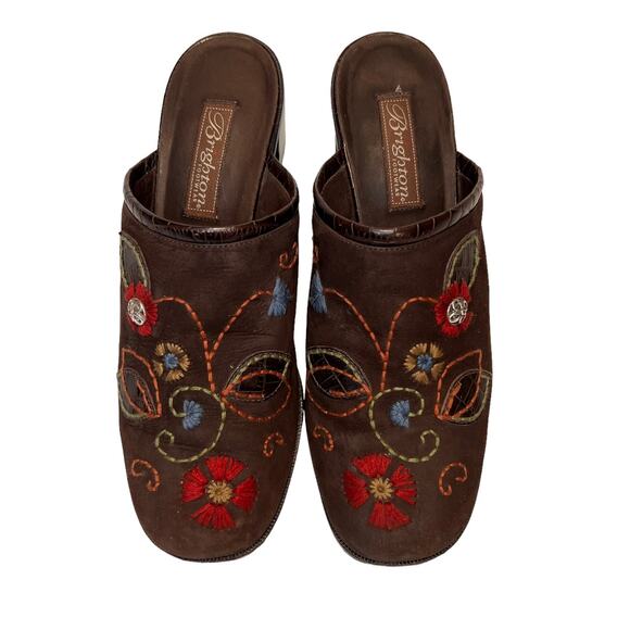 Brighton Fiona Mules Size 8.5N Brown Leather Embroidered Floral Nubuck Suede - Picture 1 of 16
